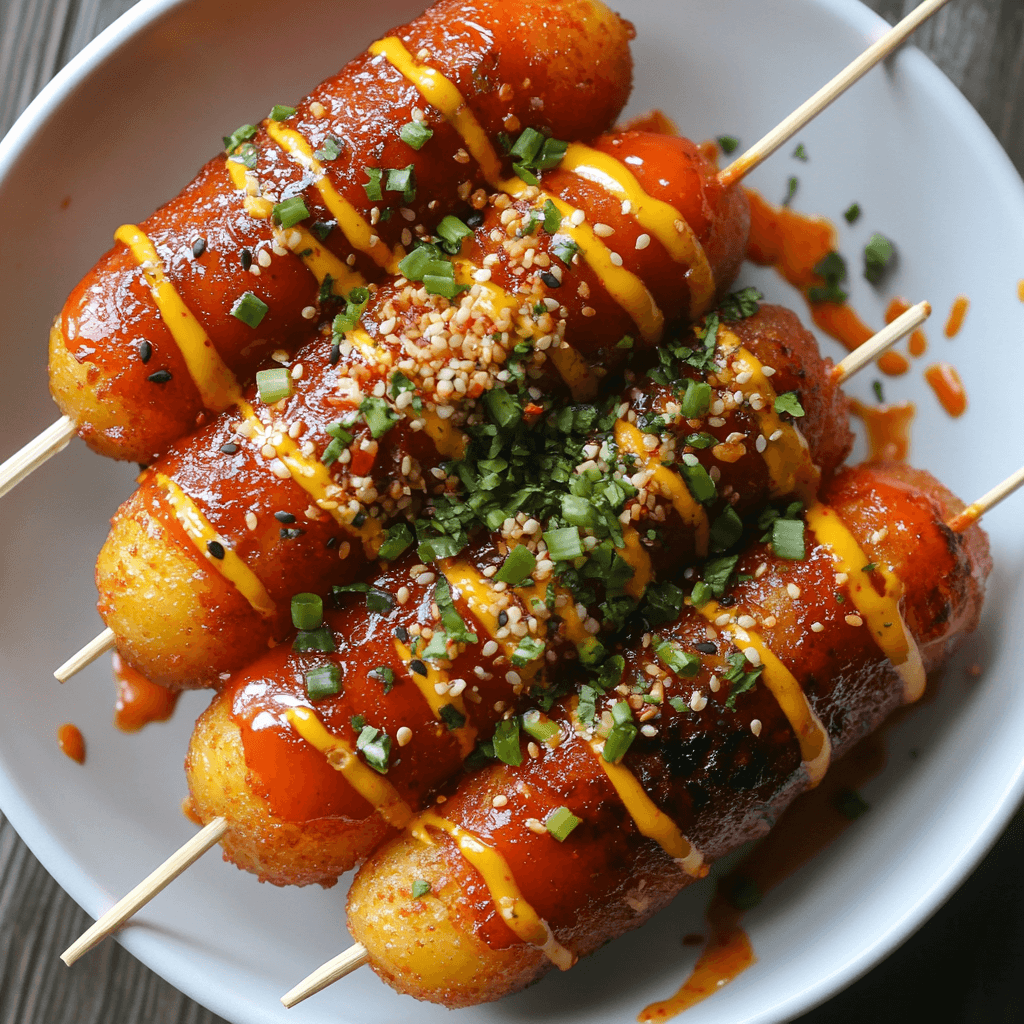 Korean Potato Corn Dogs with Sweet Chili Glaze