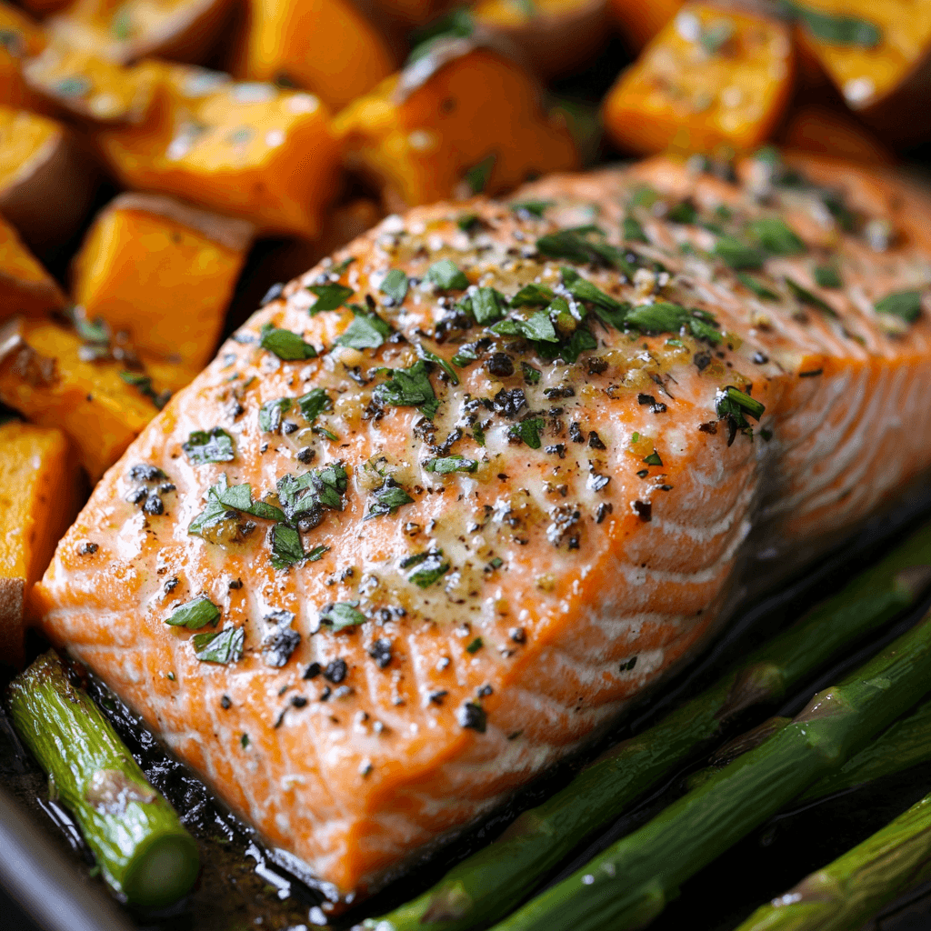 Baked Salmon with Sweet Potato and Asparagus