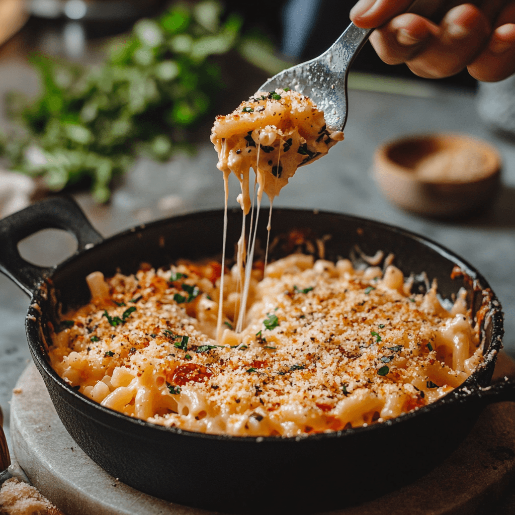 Ultimate Three-Cheese Mac with Crispy Garlic Breadcrumb Topping