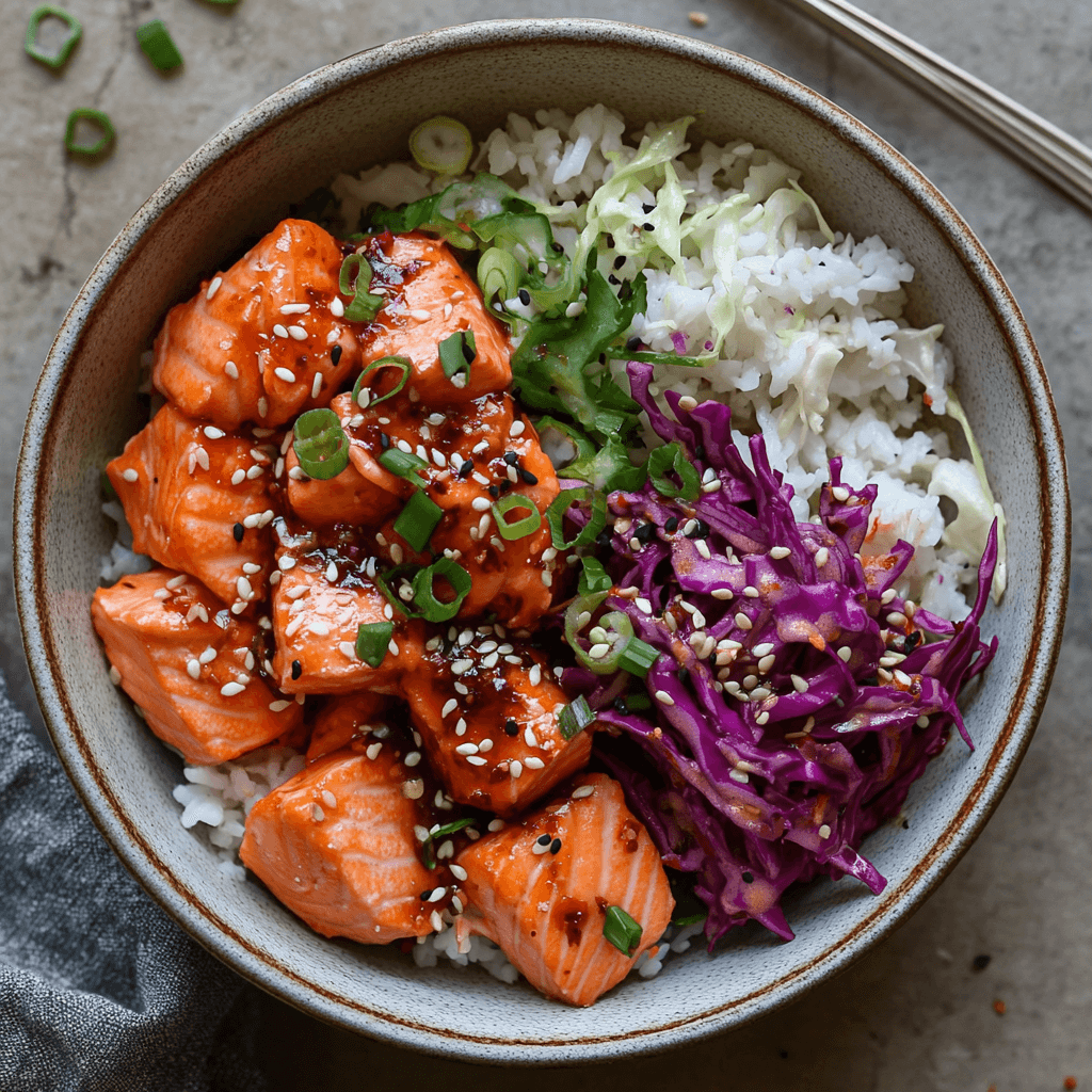 Spicy Sriracha Salmon Poke Bowl with Kimchi Slaw