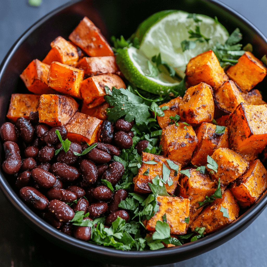 Spicy Harissa Roasted Sweet Potato & Black Bean Power Bowl