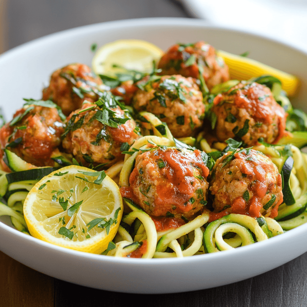 Mediterranean Zucchini Noodles with Lemon-Herb Turkey Meatballs