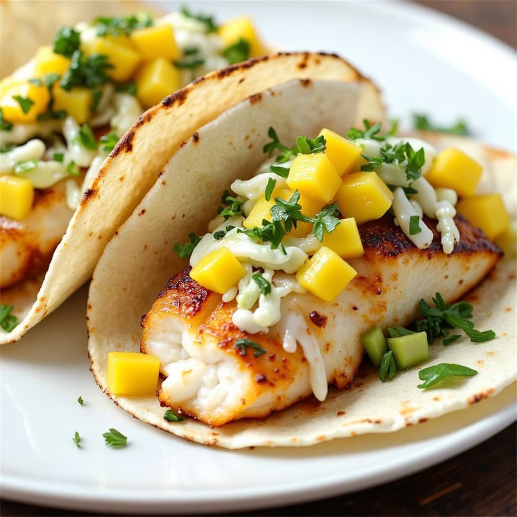 Baked Fish Tacos with Mango Salsa and Cilantro-Lime Slaw