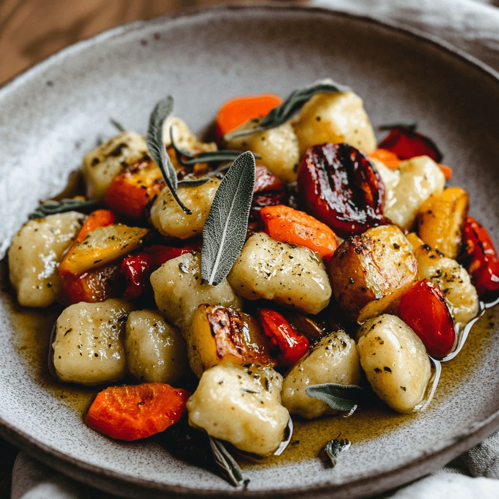 Cauliflower Gnocchi with Sage Brown Butter and Roasted Vegetables