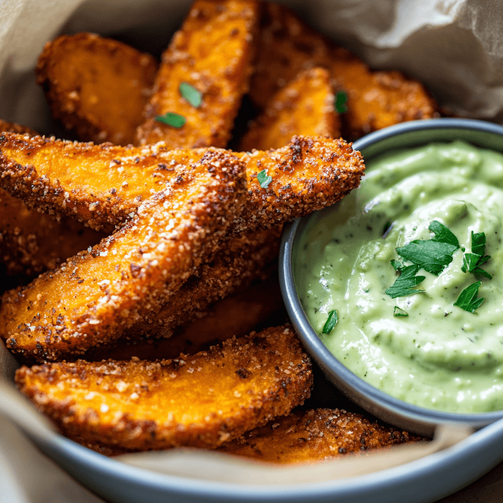Crispy Baked Sweet Potato Wedges with Avocado Aioli