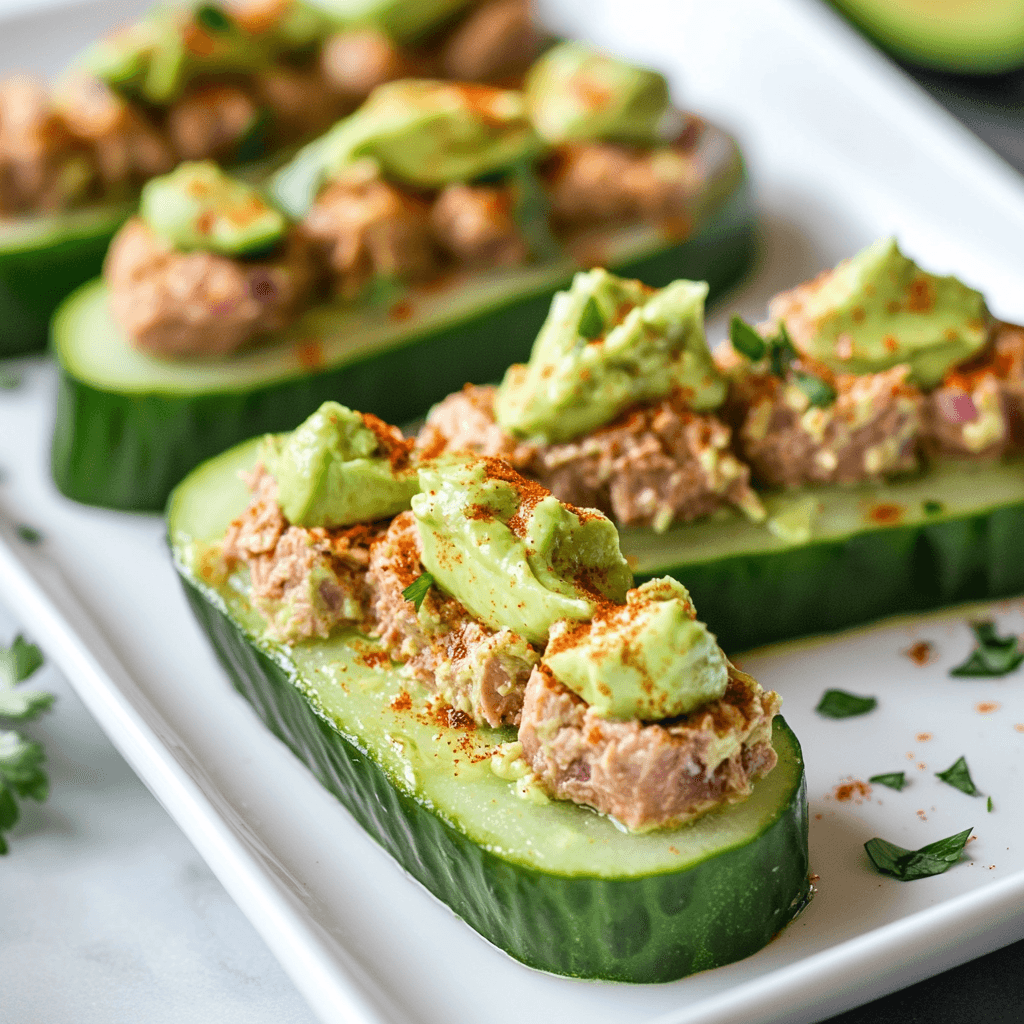 No-Roll Spicy Tuna Cucumber Boats with Avocado Cream